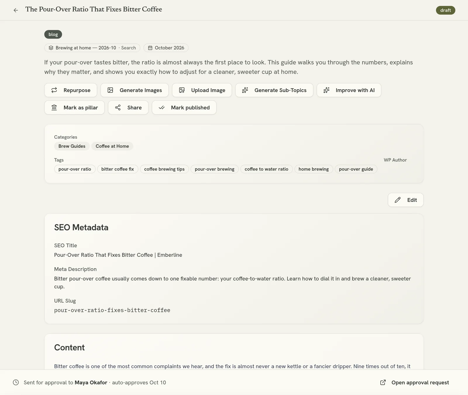 A blog draft with its categories, tags and SEO fields