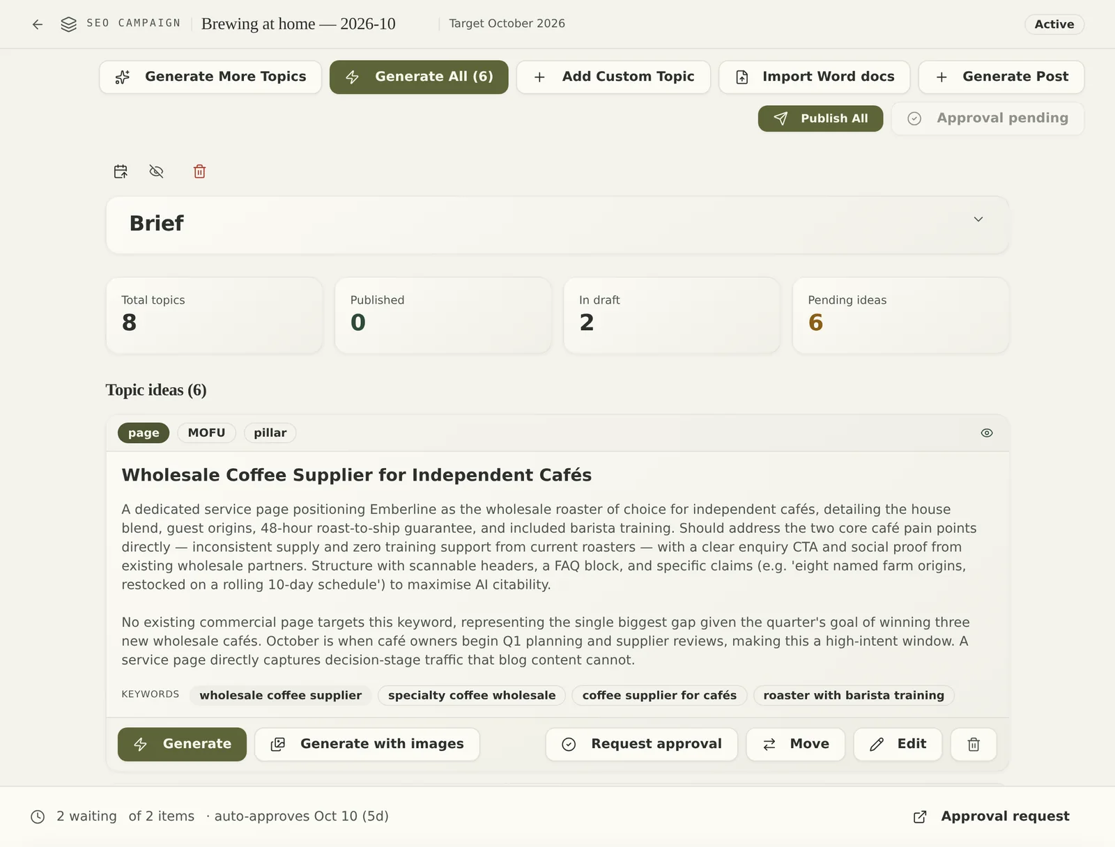A Search campaign with its topic ideas, each with Generate and Request approval buttons