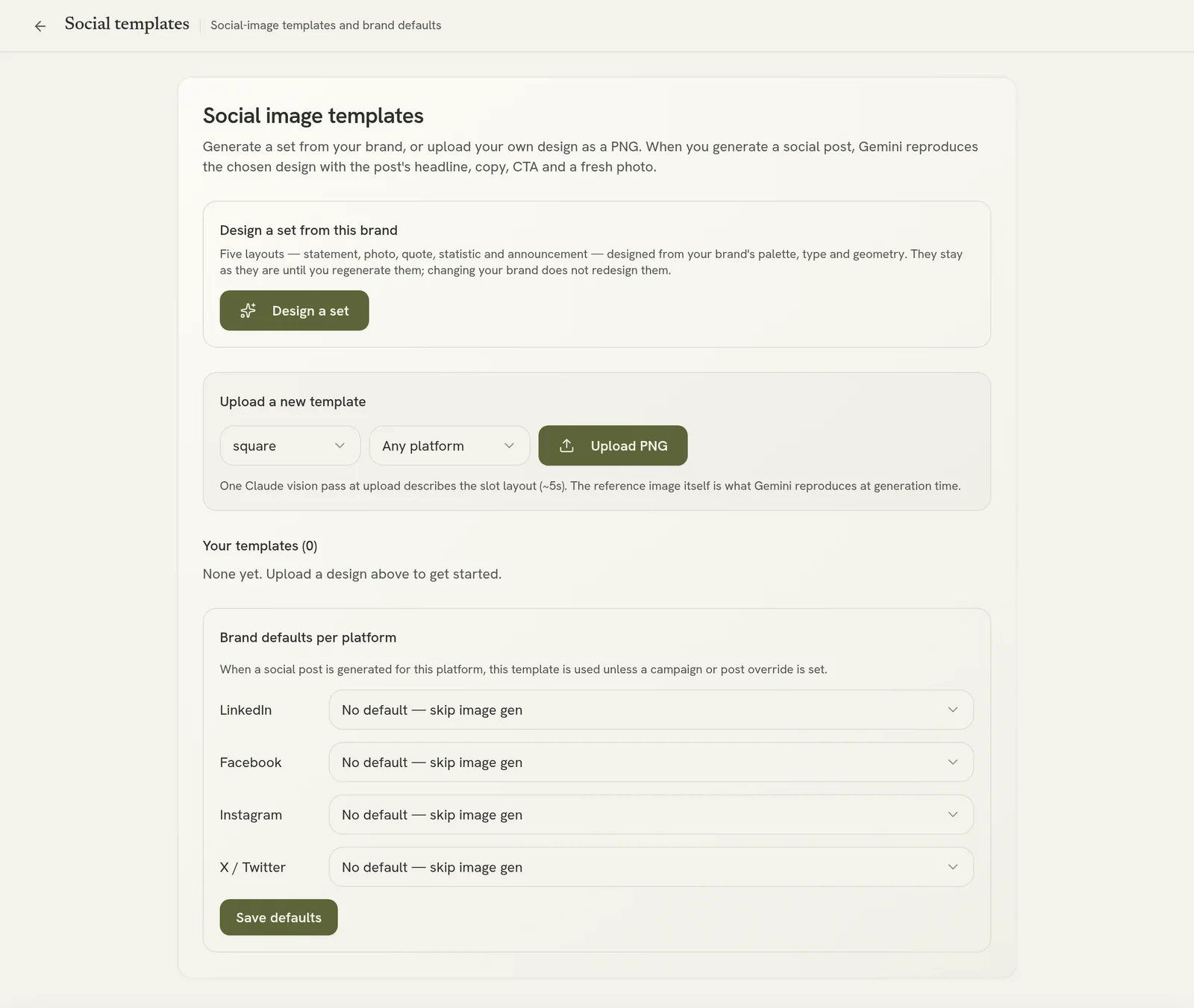 Social image templates and brand defaults per platform