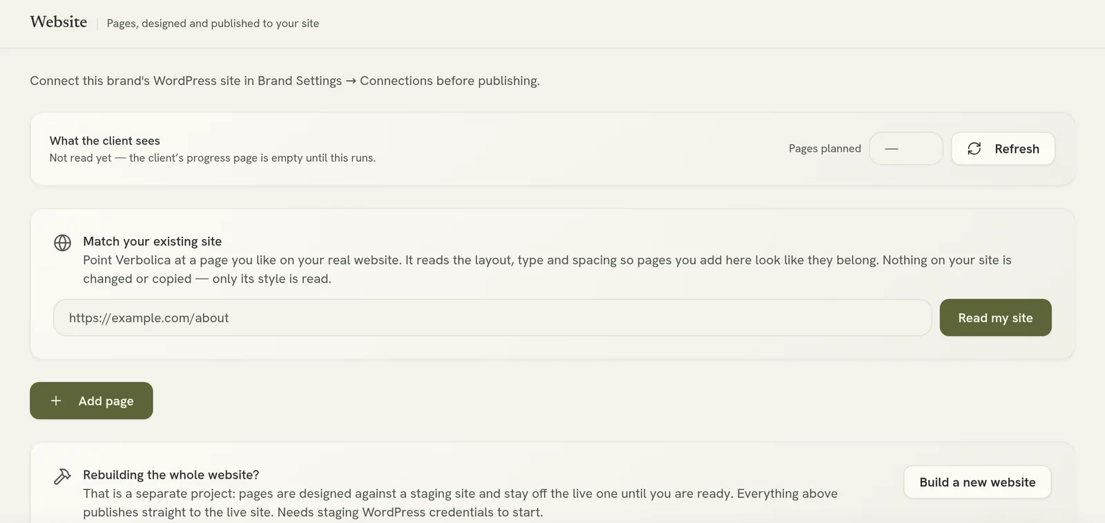 The Website page, with Match your existing site and Add page