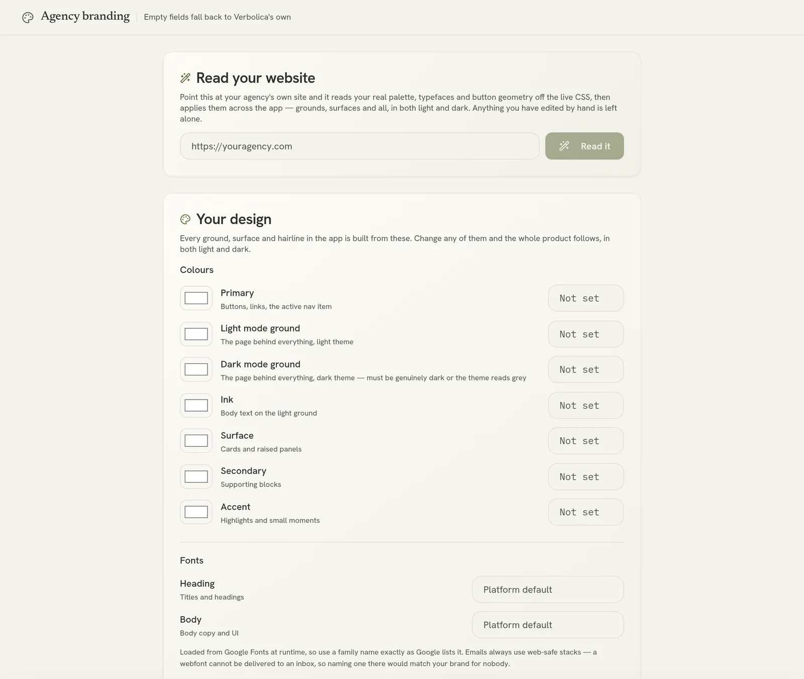 Settings → Agency branding