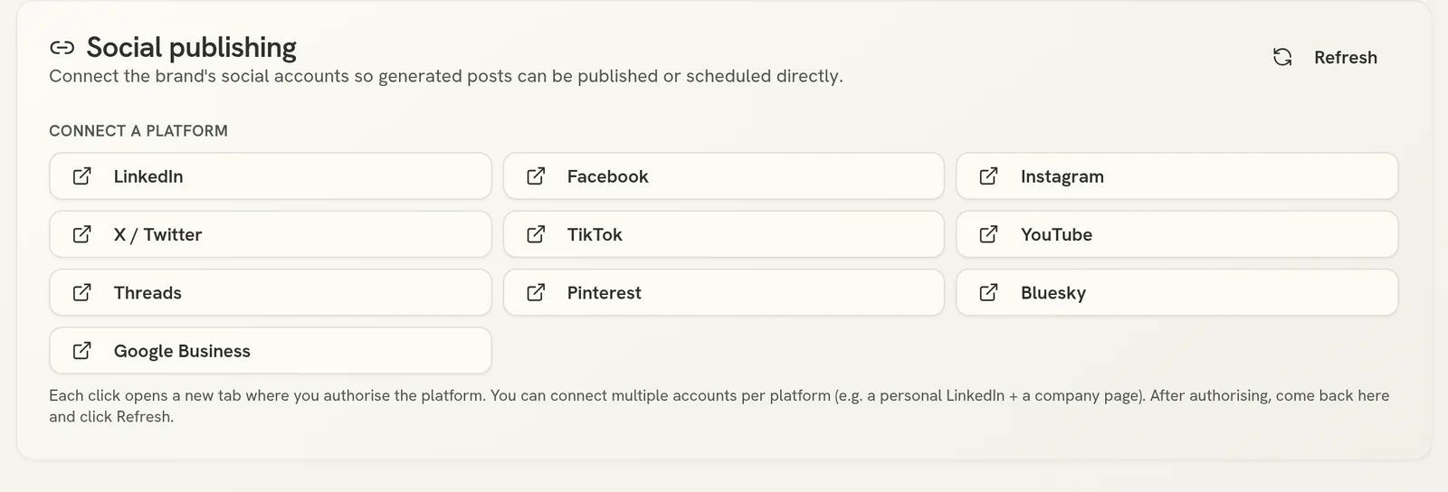 The Social publishing card, with a button for each platform